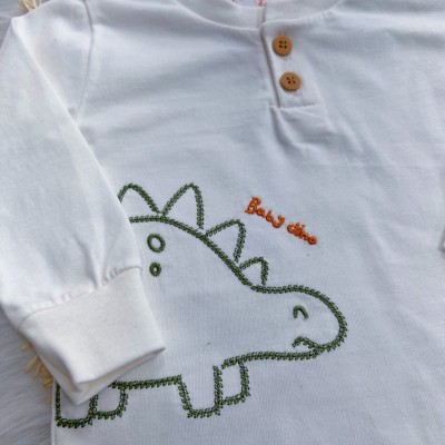 Conj. Blusa Manga Longa Baby Dino e Calça de Moletom - Off White e Verde